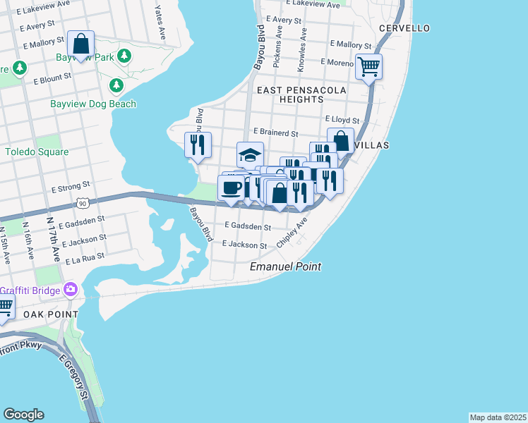 map of restaurants, bars, coffee shops, grocery stores, and more near 3001 E Cervantes St in Pensacola