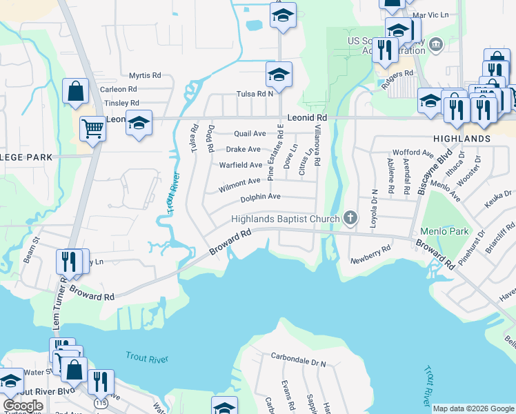 map of restaurants, bars, coffee shops, grocery stores, and more near 2414 Gayland Road in Jacksonville