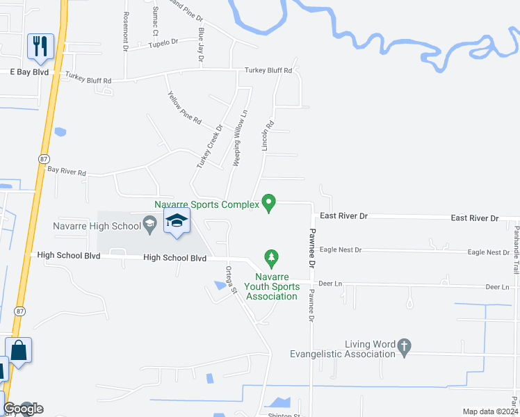 map of restaurants, bars, coffee shops, grocery stores, and more near 8803 Pebble Brook Drive in Navarre