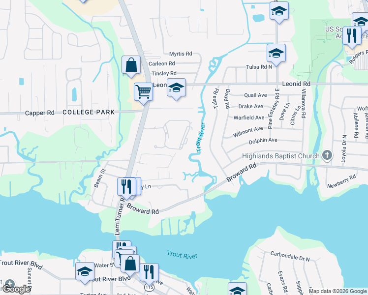 map of restaurants, bars, coffee shops, grocery stores, and more near 10535 Lem Turner Road in Jacksonville