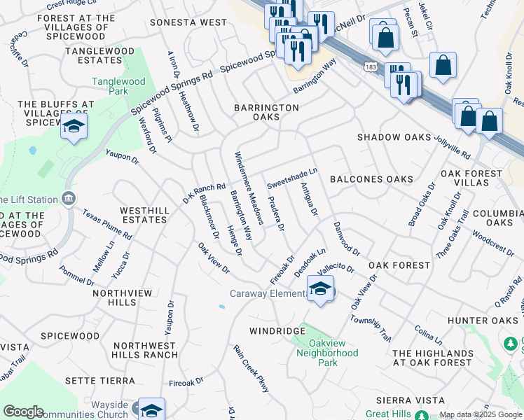 map of restaurants, bars, coffee shops, grocery stores, and more near 11227 Windermere Meadows in Austin