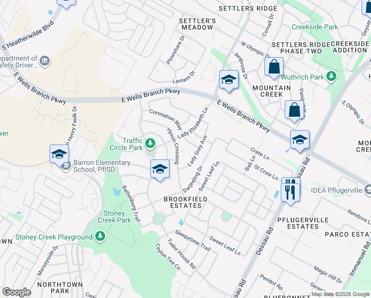 map of restaurants, bars, coffee shops, grocery stores, and more near 1512 Lady Grey Avenue in Pflugerville