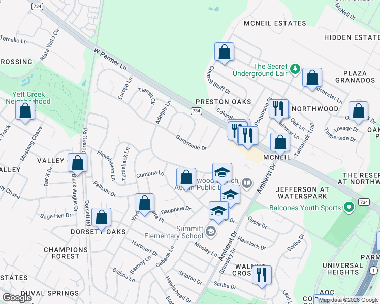 map of restaurants, bars, coffee shops, grocery stores, and more near 4210 Adelphi Lane in Austin