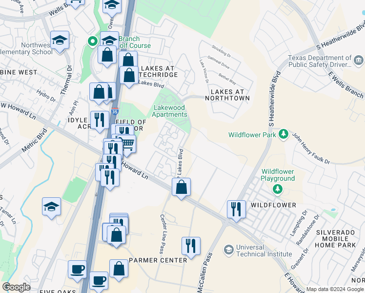 map of restaurants, bars, coffee shops, grocery stores, and more near The Lakes Boulevard in Travis County