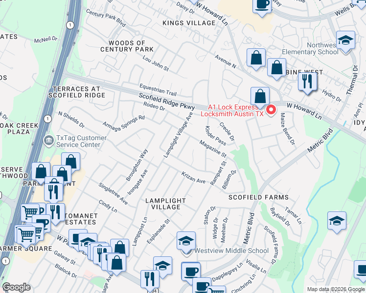 map of restaurants, bars, coffee shops, grocery stores, and more near 13102 Bourbon Street in Austin