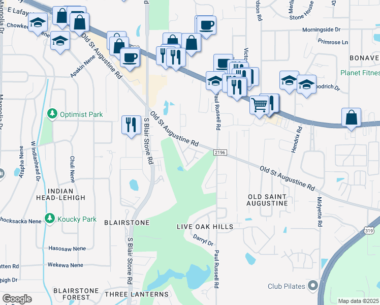 map of restaurants, bars, coffee shops, grocery stores, and more near 2001 Old Saint Augustine Road in Tallahassee