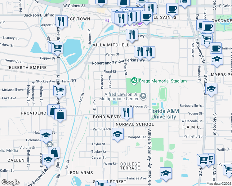 map of restaurants, bars, coffee shops, grocery stores, and more near 1810 Pasco Street in Tallahassee