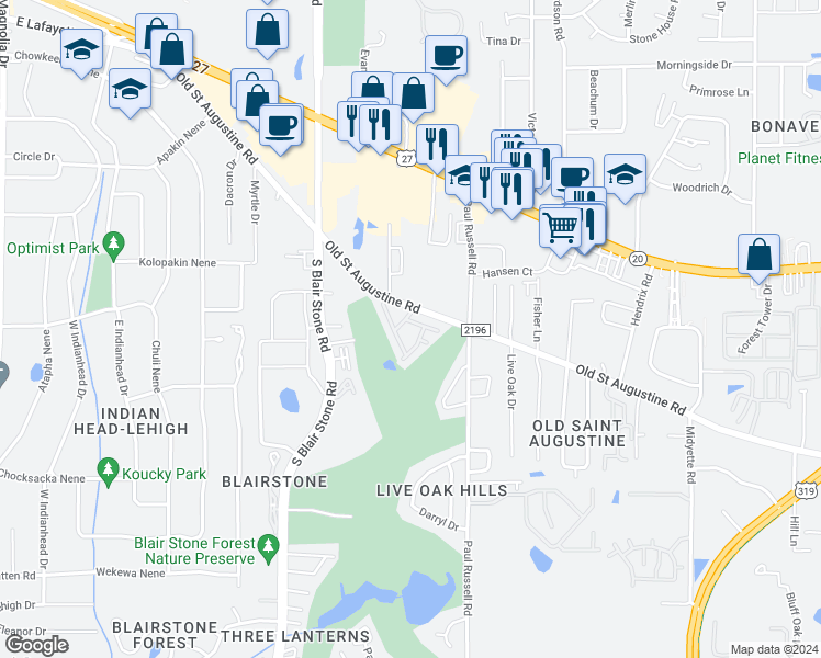 map of restaurants, bars, coffee shops, grocery stores, and more near 2001 Old Saint Augustine Road in Tallahassee