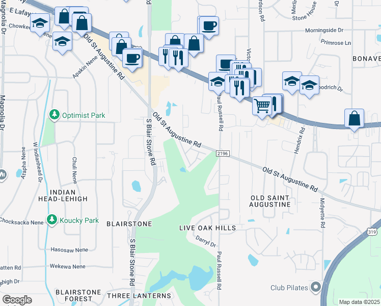 map of restaurants, bars, coffee shops, grocery stores, and more near 2001 Old Saint Augustine Road in Tallahassee