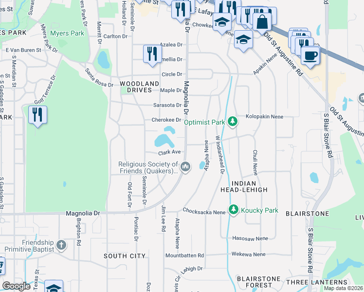 map of restaurants, bars, coffee shops, grocery stores, and more near 1237 Clark Avenue in Tallahassee