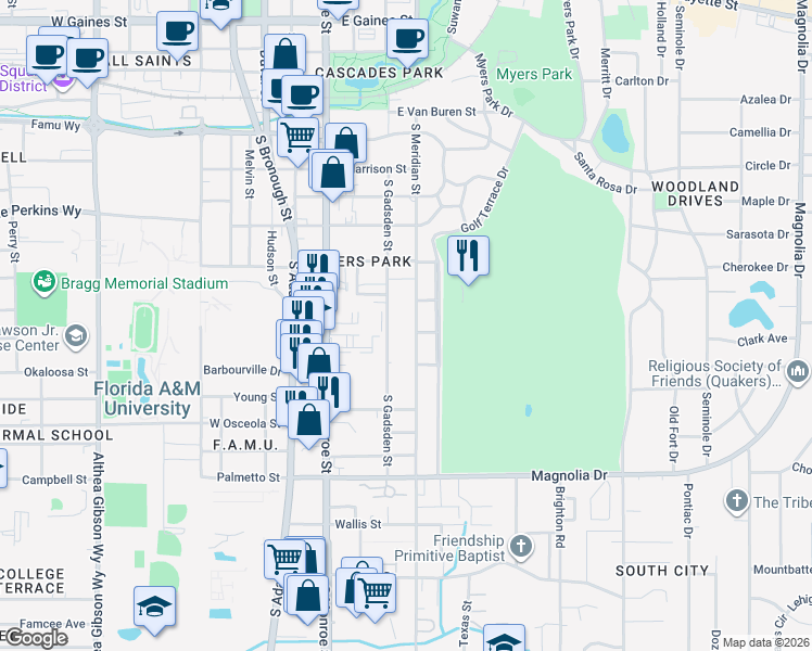 map of restaurants, bars, coffee shops, grocery stores, and more near 1806 South Meridian Street in Tallahassee