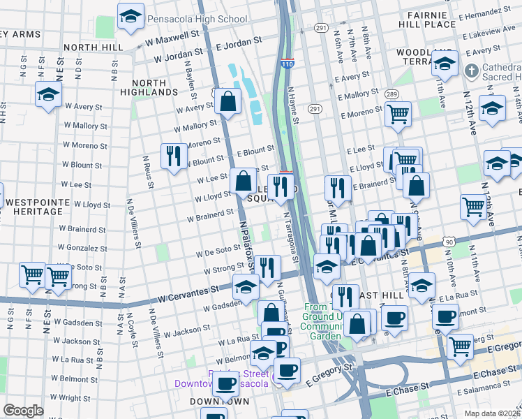 map of restaurants, bars, coffee shops, grocery stores, and more near 14 East Gonzalez Street in Pensacola