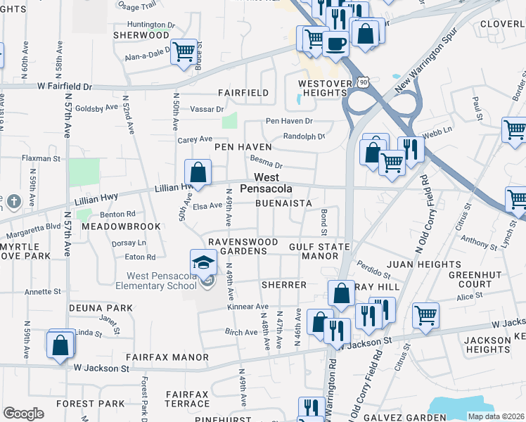 map of restaurants, bars, coffee shops, grocery stores, and more near 1101 North 48th Avenue in Pensacola