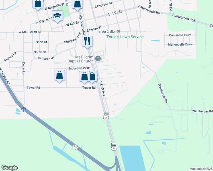 map of restaurants, bars, coffee shops, grocery stores, and more near 1300 Southeast Railroad Avenue in Ponchatoula