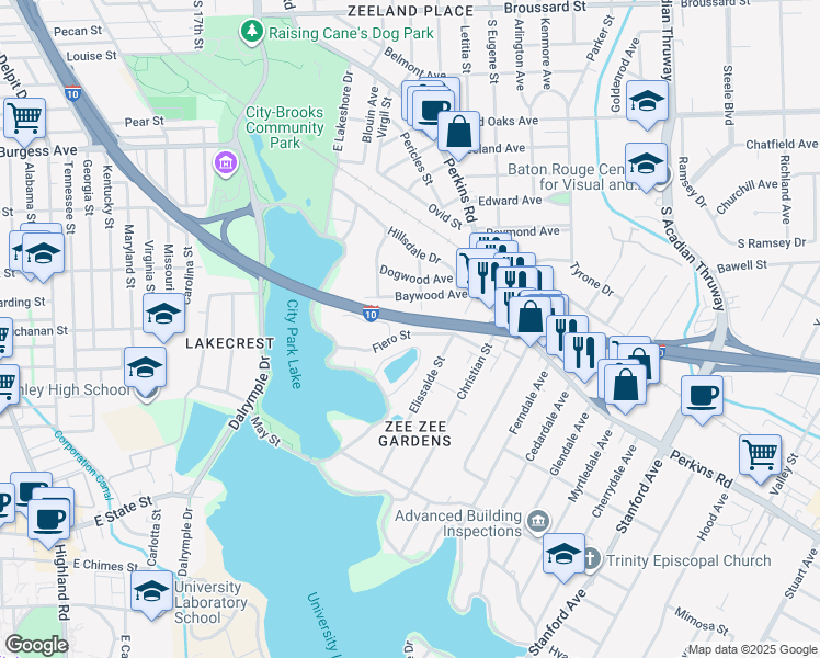 map of restaurants, bars, coffee shops, grocery stores, and more near 2597 East Lakeshore Drive in Baton Rouge