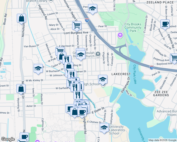 map of restaurants, bars, coffee shops, grocery stores, and more near 2442 Tennessee Street in Baton Rouge
