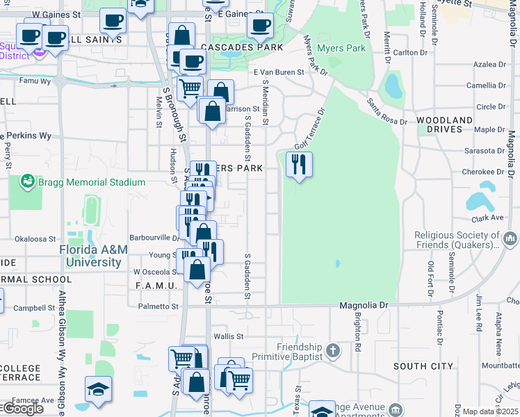 map of restaurants, bars, coffee shops, grocery stores, and more near 1806 South Meridian Street in Tallahassee