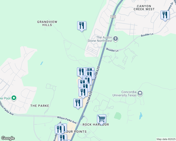 map of restaurants, bars, coffee shops, grocery stores, and more near 8600 North FM 620 in Austin