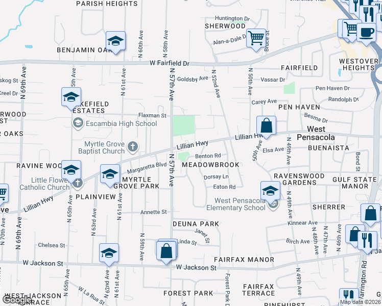 map of restaurants, bars, coffee shops, grocery stores, and more near 75 Adkinson Drive in Pensacola