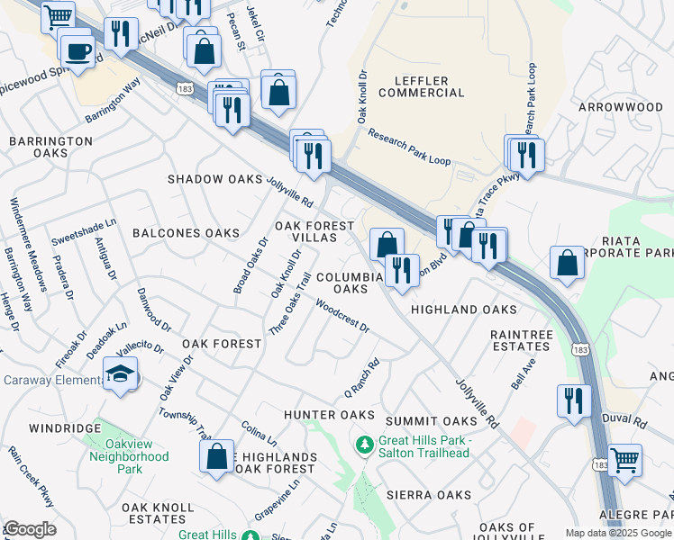 map of restaurants, bars, coffee shops, grocery stores, and more near 6500 Columbia Oaks Court in Austin