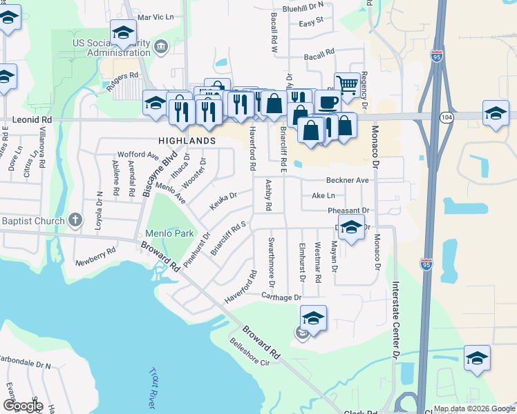 map of restaurants, bars, coffee shops, grocery stores, and more near 10423 Haverford Road in Jacksonville