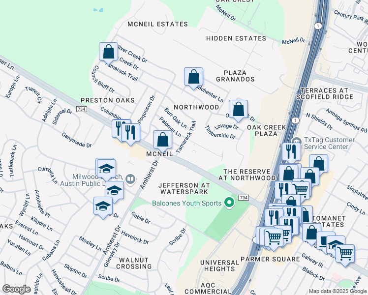 map of restaurants, bars, coffee shops, grocery stores, and more near 3700 1/2 West Parmer Lane in Austin