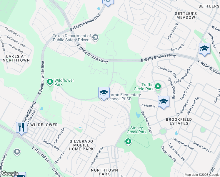 map of restaurants, bars, coffee shops, grocery stores, and more near 14850 Harris Ridge Boulevard in Pflugerville