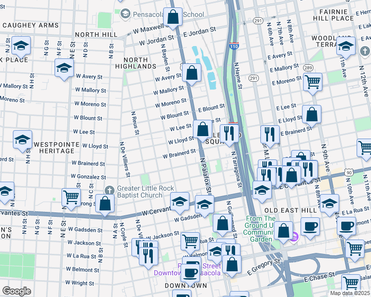 map of restaurants, bars, coffee shops, grocery stores, and more near 1200 North Baylen Street in Pensacola