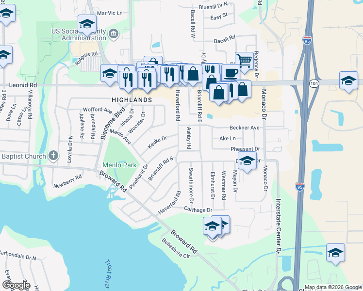 map of restaurants, bars, coffee shops, grocery stores, and more near 10423 Haverford Road in Jacksonville