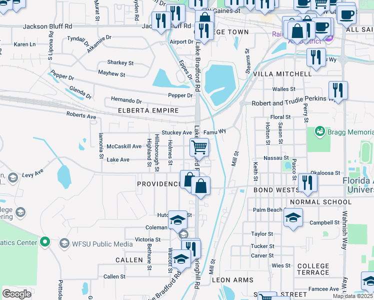map of restaurants, bars, coffee shops, grocery stores, and more near 1209 Lake Avenue in Tallahassee