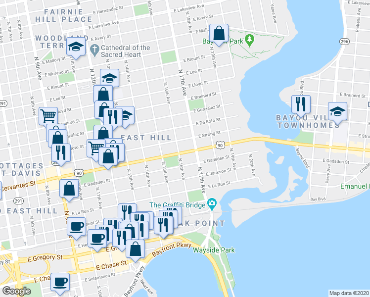 map of restaurants, bars, coffee shops, grocery stores, and more near 1601 East Cervantes Street in Pensacola