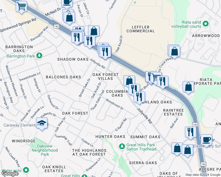 map of restaurants, bars, coffee shops, grocery stores, and more near 6501 Columbia Oaks Court in Austin