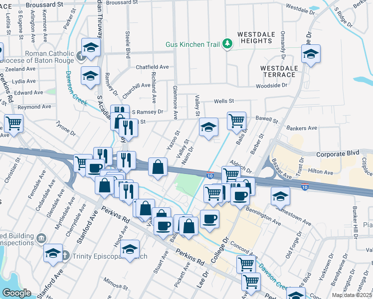 map of restaurants, bars, coffee shops, grocery stores, and more near 2681 Valley Street in Baton Rouge
