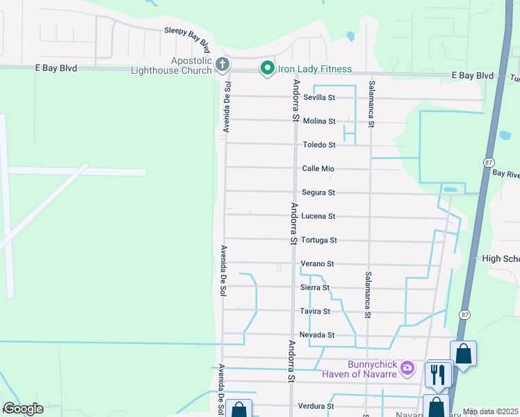 map of restaurants, bars, coffee shops, grocery stores, and more near 8157 Lucena Street in Navarre