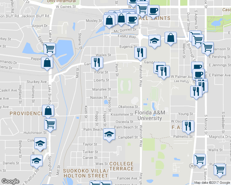 map of restaurants, bars, coffee shops, grocery stores, and more near 1901-1999 Perry Street in Tallahassee
