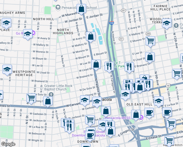 map of restaurants, bars, coffee shops, grocery stores, and more near 8 West Brainerd Street in Pensacola