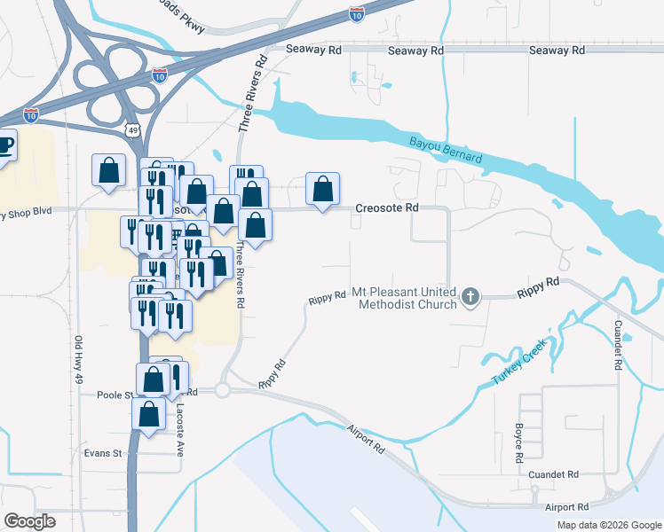 map of restaurants, bars, coffee shops, grocery stores, and more near 14458 Rippy Road in Gulfport