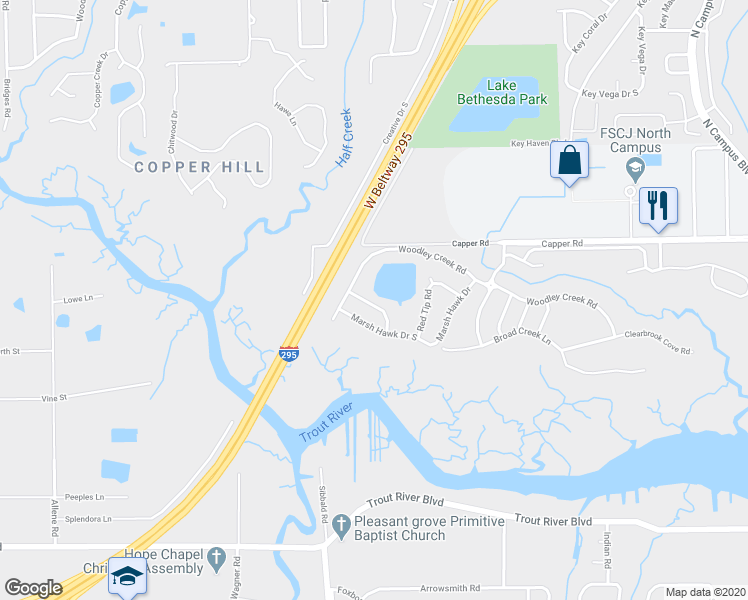 map of restaurants, bars, coffee shops, grocery stores, and more near 10383 Song Sparrow Lane in Jacksonville
