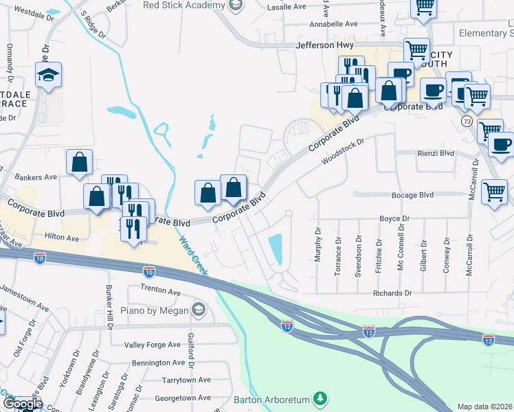 map of restaurants, bars, coffee shops, grocery stores, and more near 2528 Bocage Lake Drive in Baton Rouge