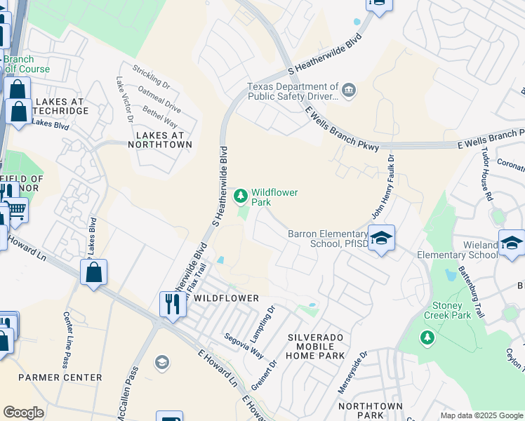 map of restaurants, bars, coffee shops, grocery stores, and more near 14320 Silver Lace Lane in Pflugerville