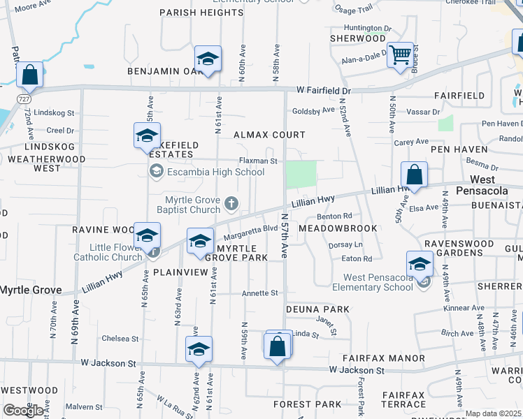map of restaurants, bars, coffee shops, grocery stores, and more near 1128 North 59th Avenue in Pensacola