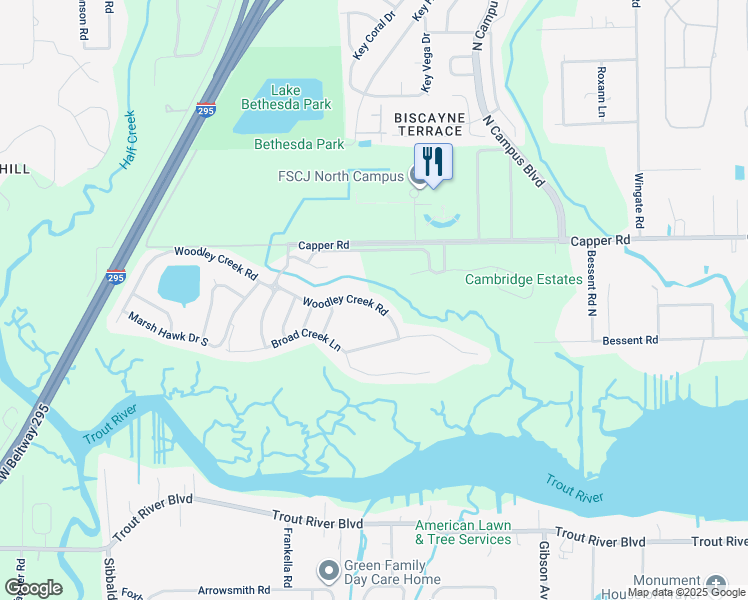 map of restaurants, bars, coffee shops, grocery stores, and more near 4139 Woodley Creek Road in Jacksonville