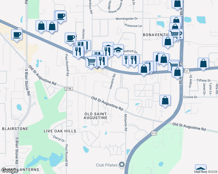 map of restaurants, bars, coffee shops, grocery stores, and more near 1300 Hendrix Road in Tallahassee