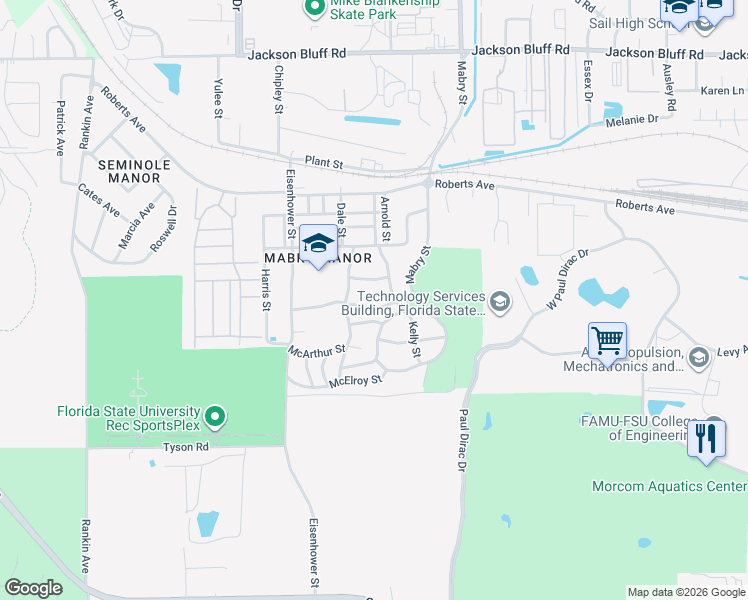 map of restaurants, bars, coffee shops, grocery stores, and more near 1624 Kelly Street in Tallahassee