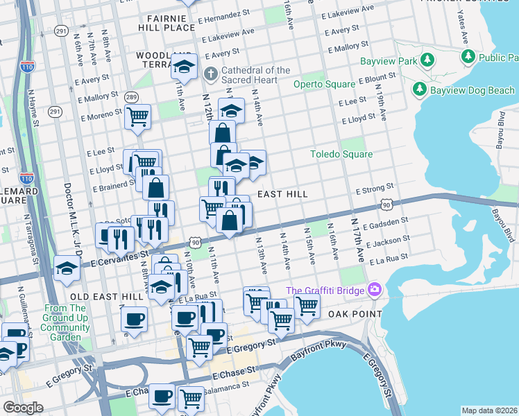 map of restaurants, bars, coffee shops, grocery stores, and more near 1315 East De Soto Street in Pensacola