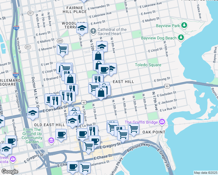 map of restaurants, bars, coffee shops, grocery stores, and more near 1315 East De Soto Street in Pensacola
