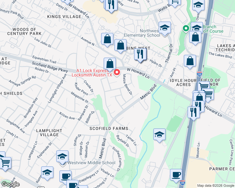 map of restaurants, bars, coffee shops, grocery stores, and more near 1716 Sunterro Drive in Austin