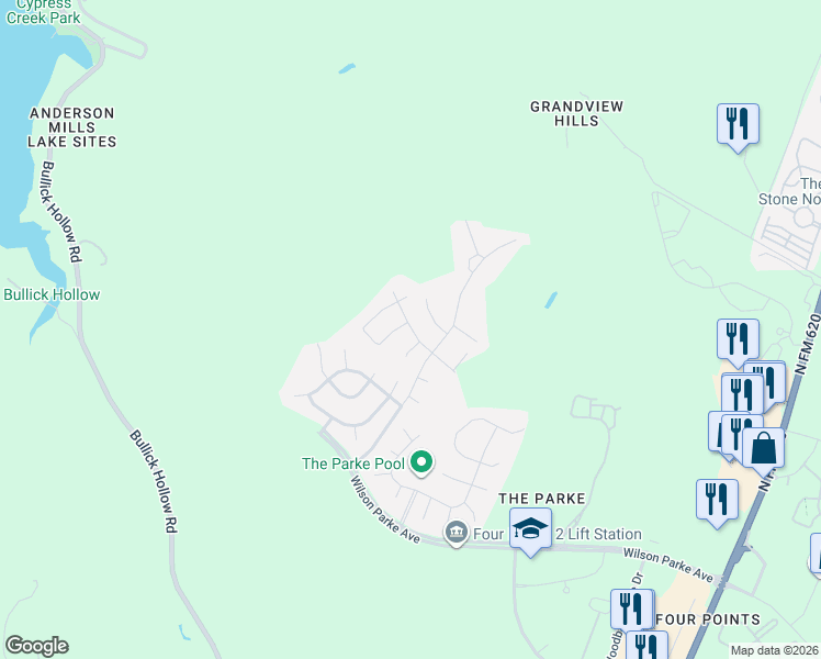 map of restaurants, bars, coffee shops, grocery stores, and more near 8233 Phantom Canyon Drive in Austin