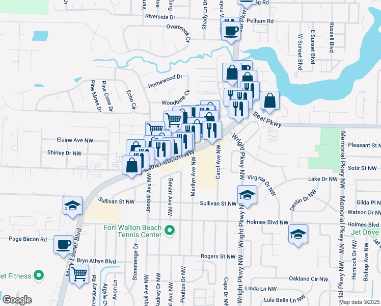 map of restaurants, bars, coffee shops, grocery stores, and more near 424 Mary Esther Cut Off Northwest in Fort Walton Beach