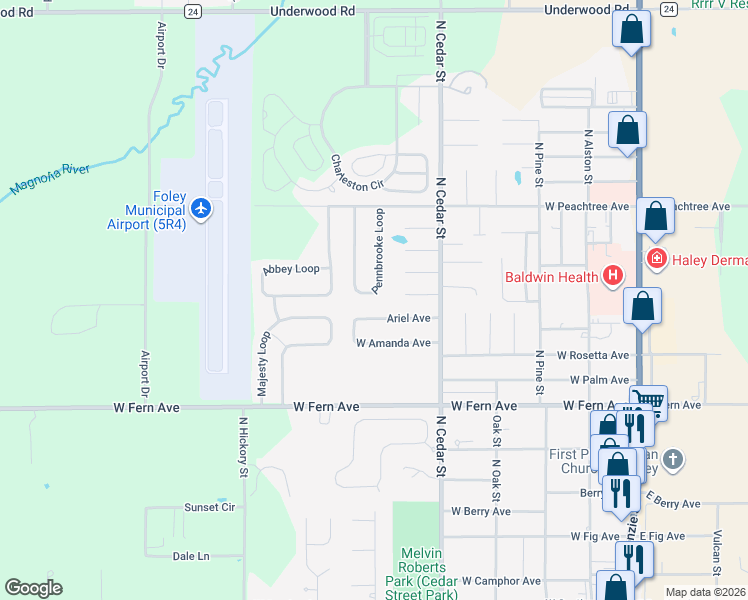 map of restaurants, bars, coffee shops, grocery stores, and more near 122 Pennbrooke Loop in Foley